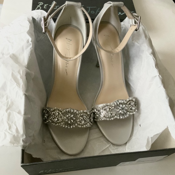 Betsey Johnson Gina Jeweled Ankle Strap Dress Sandals Silver Satin Stiletto Heel - Picture 9 of 12